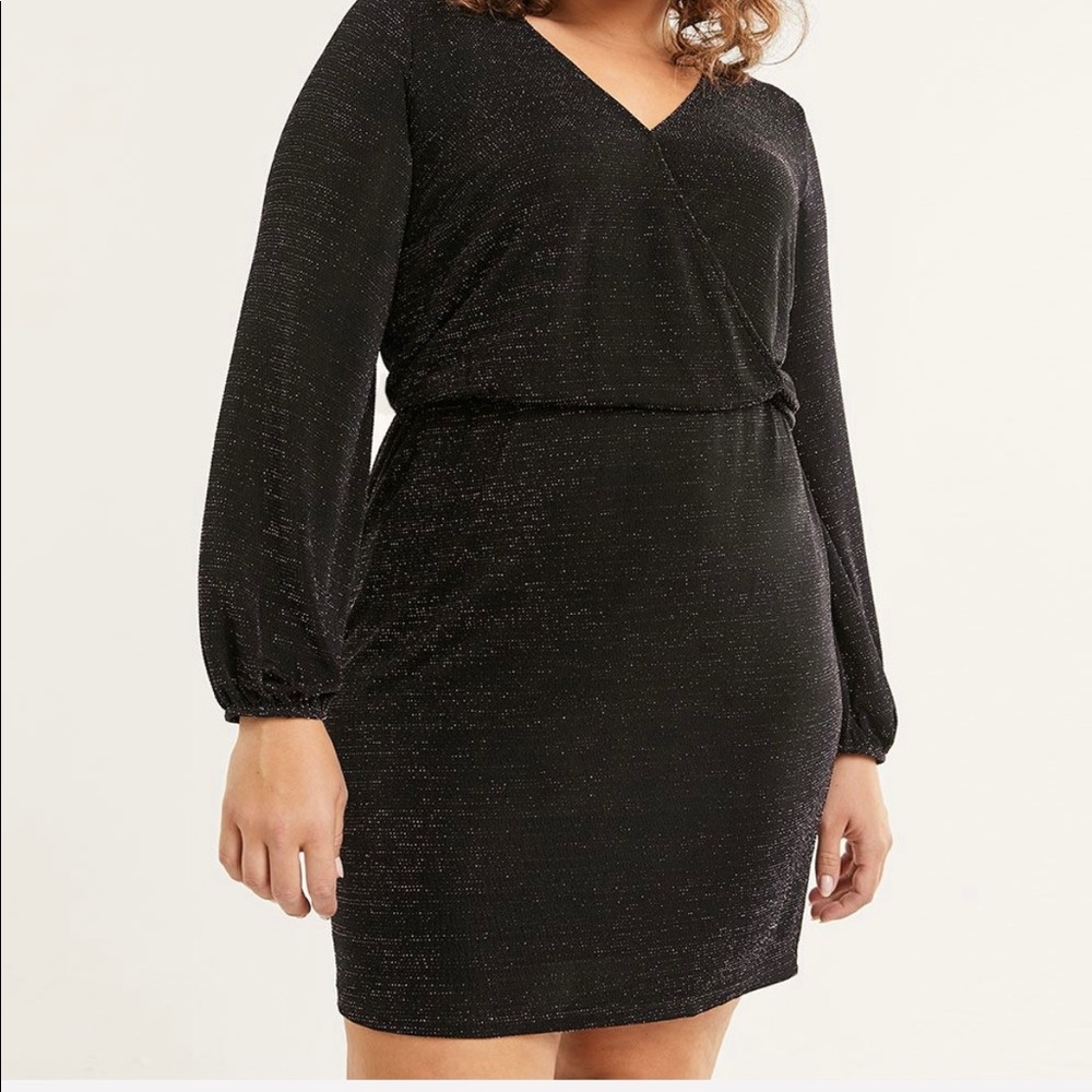 Reitmans Long Balloon Sleeve Shimmer Wrap Dress with Elastic Waist